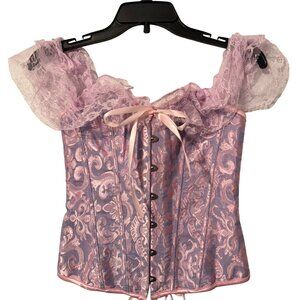 Pink & Purple Lace-Up Corset Top With Floral Pattern & Lace Trim Small Size unbr